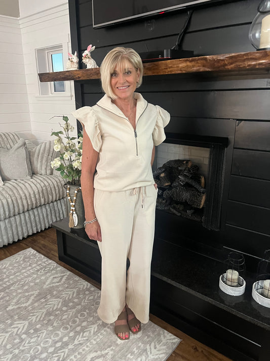Textured Ruffled Zipped Top And Wide Leg Pant Set